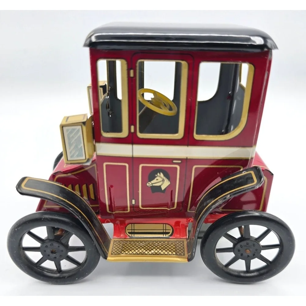 Vintage Japanese Tin Litho Friction Horseless Carriage Antique Toy Car Red Black